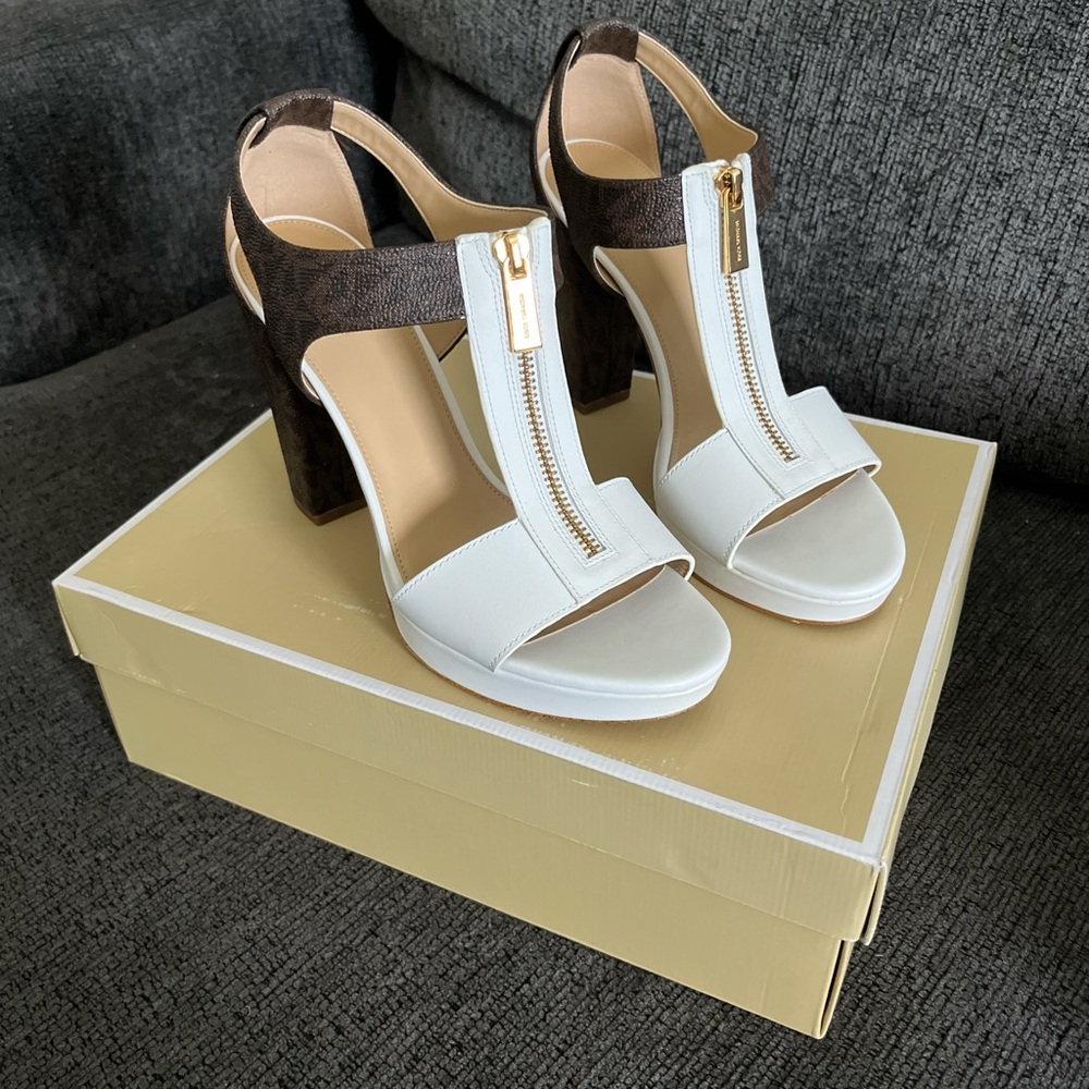 Michael Kors White and Brown Heeled Sandals